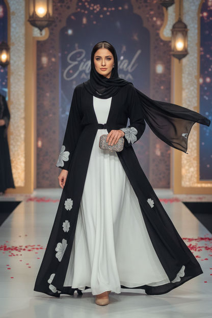 Luxury Black & White Floral Open Abaya – Eid Special Edition