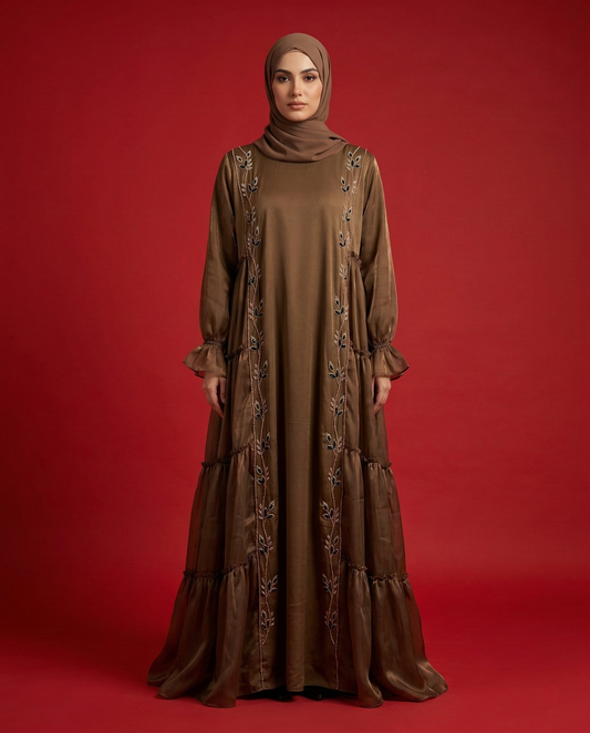 Safira Embroidered Marble Fabric Abaya with Black Dupatta
