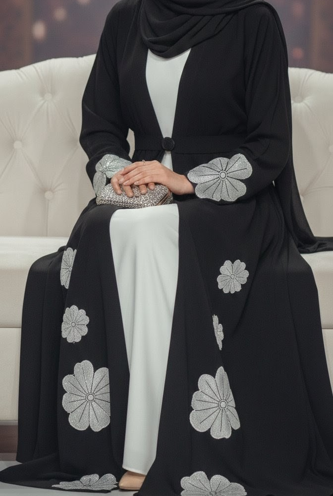 Luxury Black & White Floral Open Abaya – Eid Special Edition